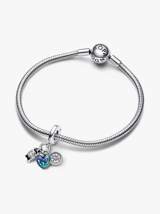 Pandora Camera, Heart & Compass Triple Dangle Charm Sterling Silver