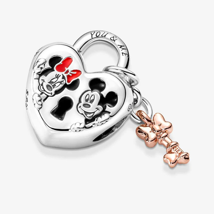 Pandora Disney Mickey Mouse & Minnie Mouse Heart Padlock Charm Sterling Silver