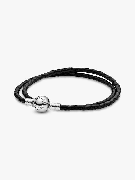 Pandora Double Black Leather Bracelet Sterling Silver
