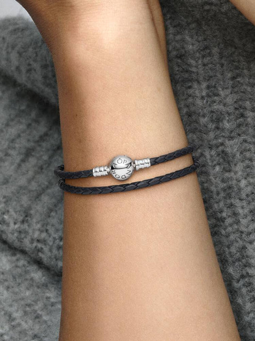 Pandora Double Black Leather Bracelet Sterling Silver