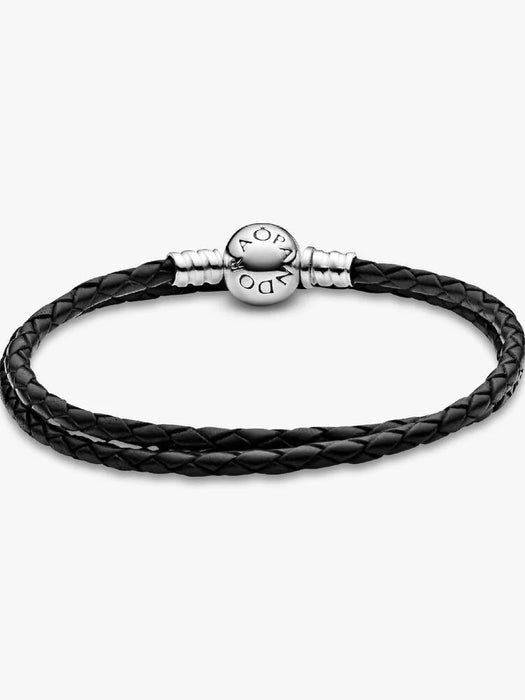 Pandora Double Black Leather Bracelet Sterling Silver