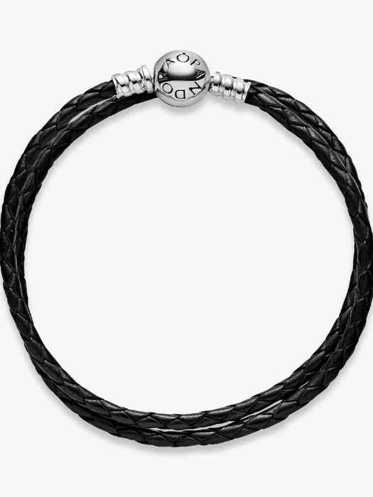 Pandora Double Black Leather Bracelet Sterling Silver