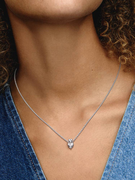 Pandora Double Heart Pendant Sparkling Collier Necklace Sterling Silver