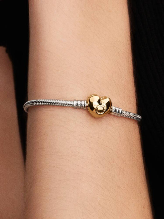 Pandora Heart Clasp Snake Chain Bracelet Sterling Silver And 14K Gold Plating