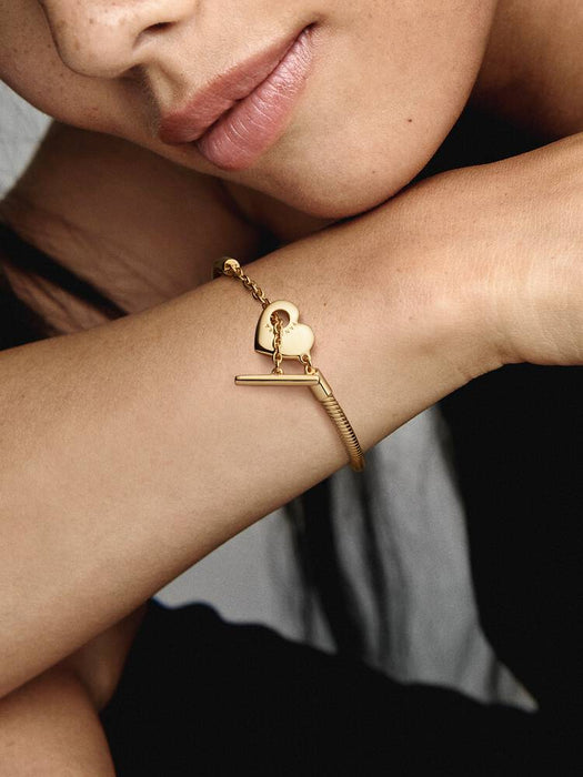 Pandora Heart T-Bar Snake Chain Bracelet 14k Gold Plating