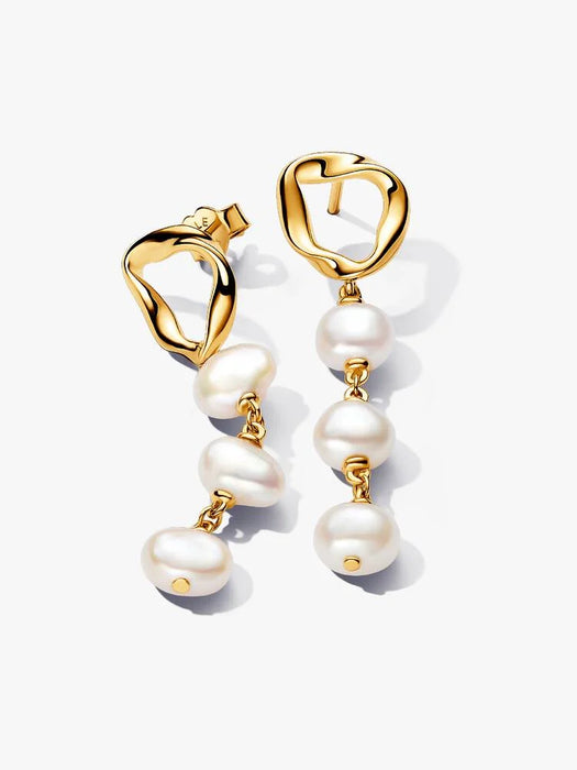Pandora Organically Shaped Circle & Baroque Treated Freshwater Cultured Pearls Drop Earrings 14k Gold Plating