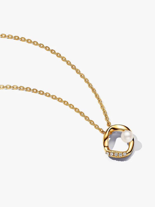 Pandora Organically Shaped Pavé Circle & Treated Freshwater Cultured Pearl Collier Necklace 14k Gold Plating