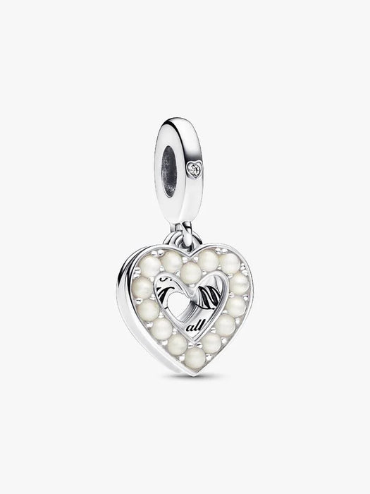 Pandora Pearlescent White Heart Mum Double Dangle Charm Sterling Silver