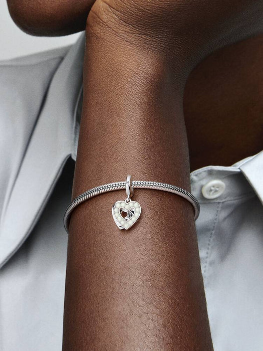 Pandora Pearlescent White Heart Mum Double Dangle Charm Sterling Silver