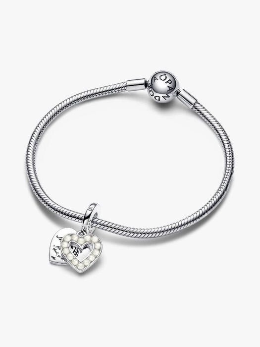 Pandora Pearlescent White Heart Mum Double Dangle Charm Sterling Silver