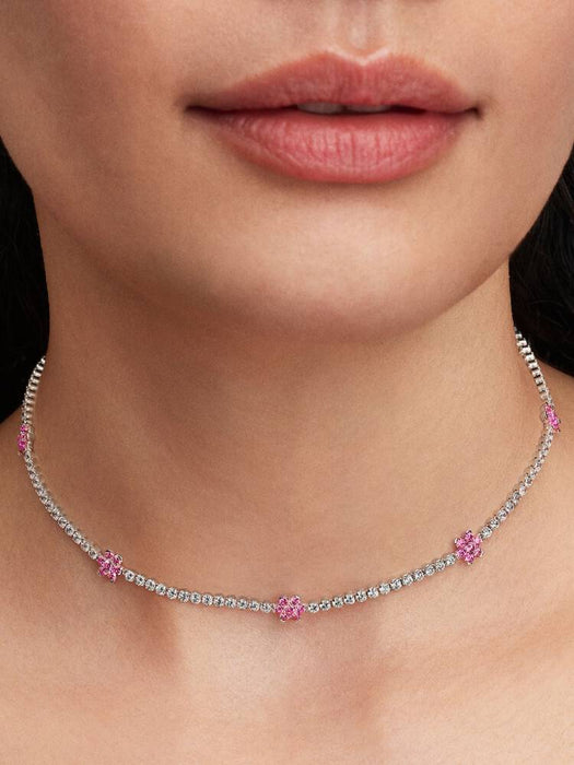 Pandora Pink Flower Tennis Necklace Sterling Silver
