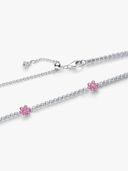 Pandora Pink Flower Tennis Necklace Sterling Silver