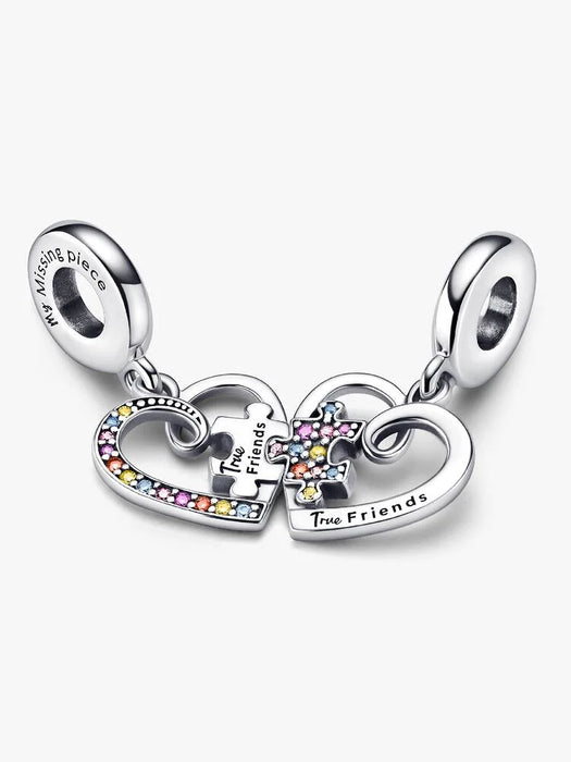 Pandora Puzzle Piece Hearts Splittable Friendship Dangle Charm Sterling Silver