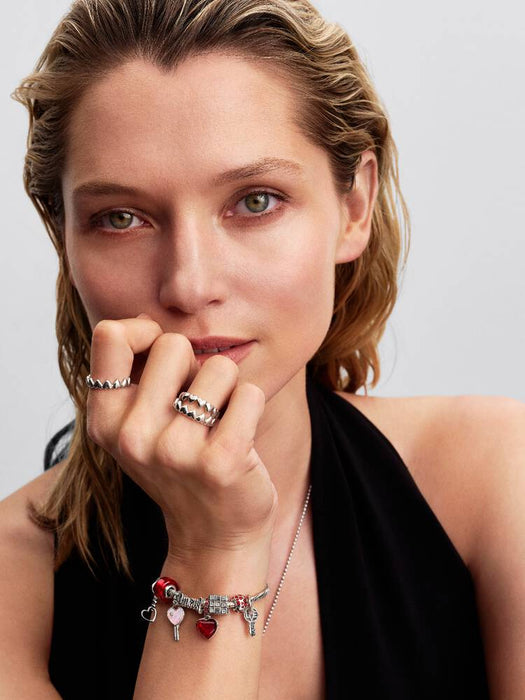 Pandora Red Murano Glass Heart Double Dangle Charm Sterling Silver