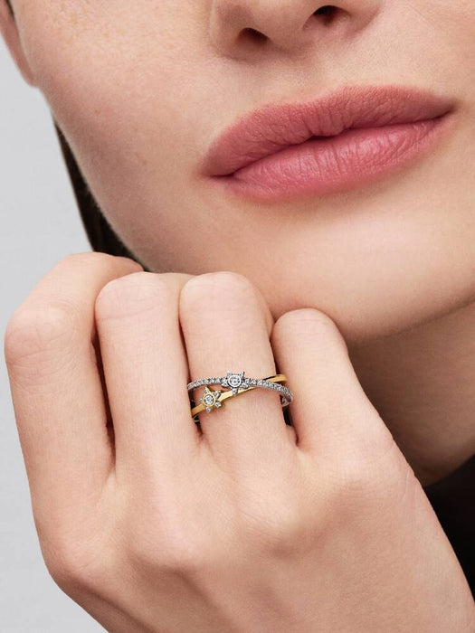 Pandora Sparkling Stella Crossover Ring Sterling Silver & 14k Gold Plating