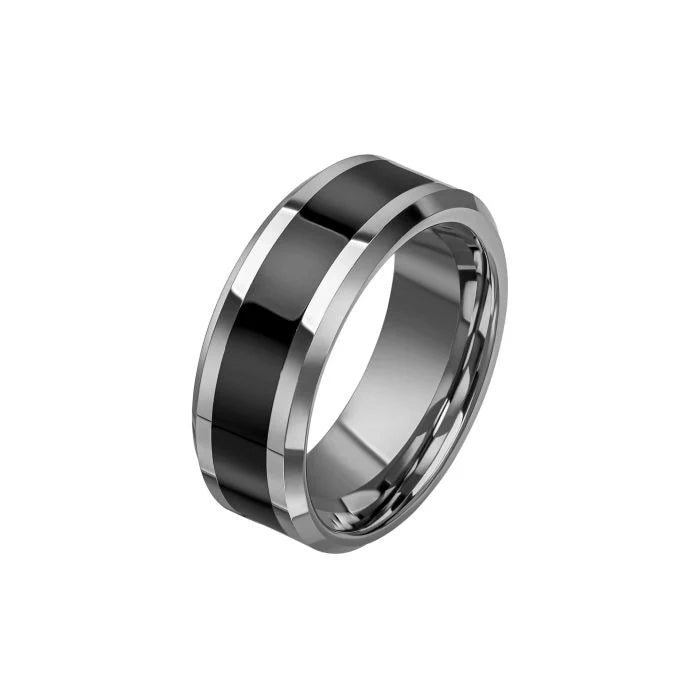 Fred Bennett Tungsten Ring with Black Enamel Stripe - Black and Silver - Size 67
