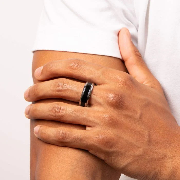 Fred Bennett Tungsten Ring with Black Enamel Stripe - Black and Silver - Size 67