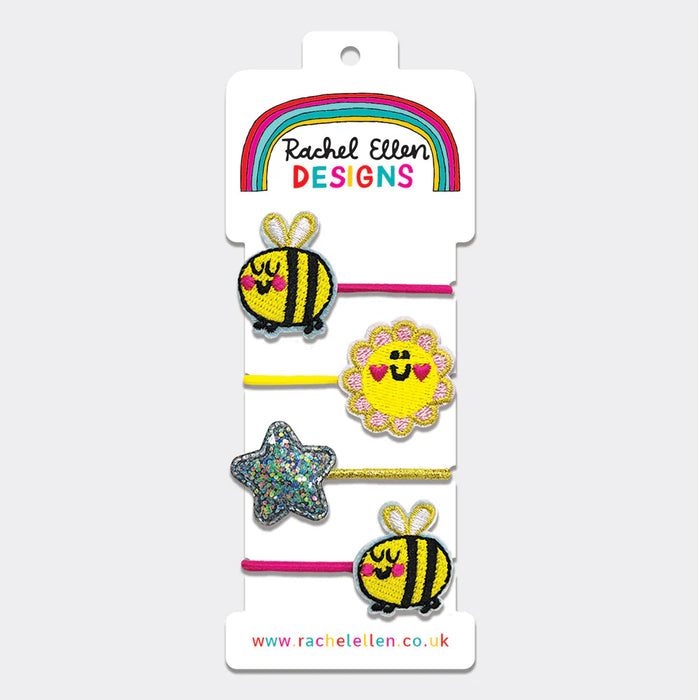 Rachel Ellen Hair Elastic Bees, Flower & Glitter Star 4 Pack