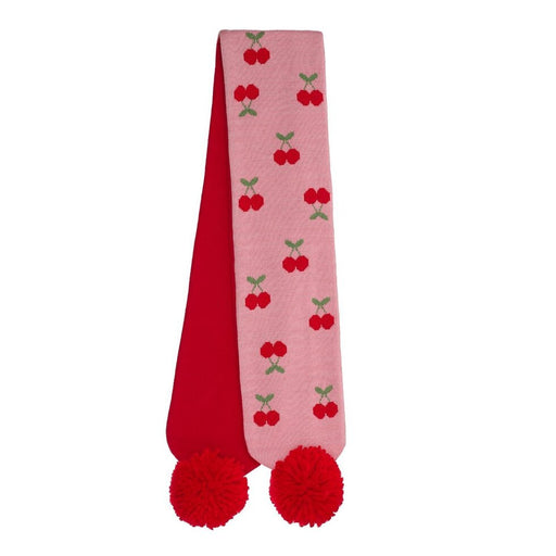 A pink knit scarf with an all-over cherry print, featuring two red pom-poms at the ends. The scarf is displayed flat against a solid white background.