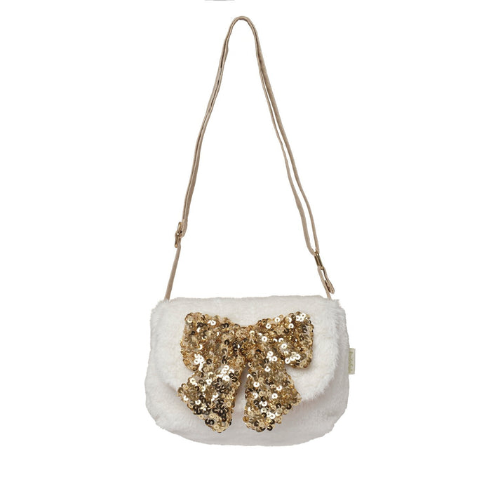 A white faux fur shoulder bag with a large gold sequined bow on the front and a thin gold shoulder strap, shown against a plain white background.