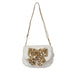 A white faux fur shoulder bag with a large gold sequined bow on the front and a thin gold shoulder strap, shown against a plain white background.