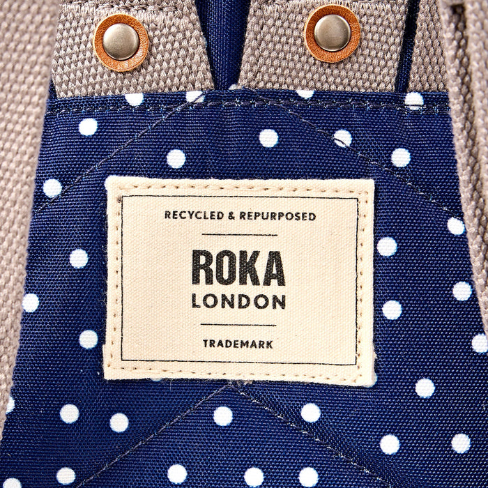 ROKA Bags Canfield Roll Top Backpack in Navy Polka Dot
