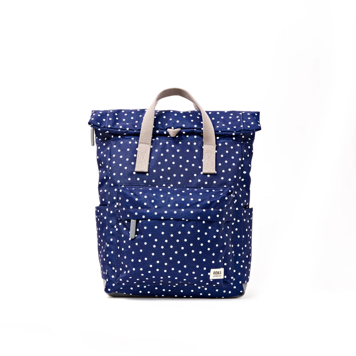 ROKA Bags Canfield Roll Top Backpack in Navy Polka Dot