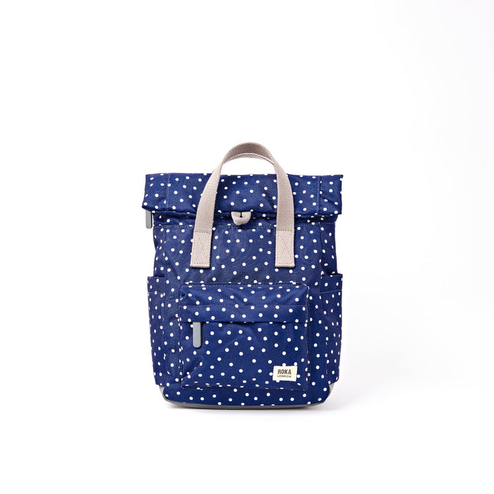 ROKA Bags Canfield Roll Top Backpack in Navy Polka Dot