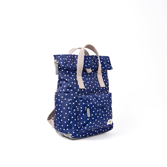 ROKA Bags Canfield Roll Top Backpack in Navy Polka Dot
