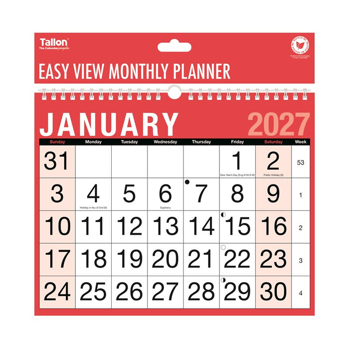 Tallon 2027 Calendar Red & Black Easy View Month To View