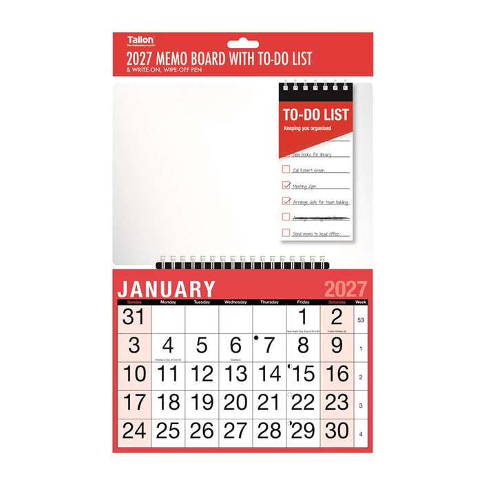 Tallon 2027 Calendar Red & Black Memo & to-do list Month To View