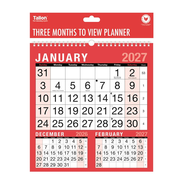 Tallon 2027 Calendar Red & Black 3 Month To View