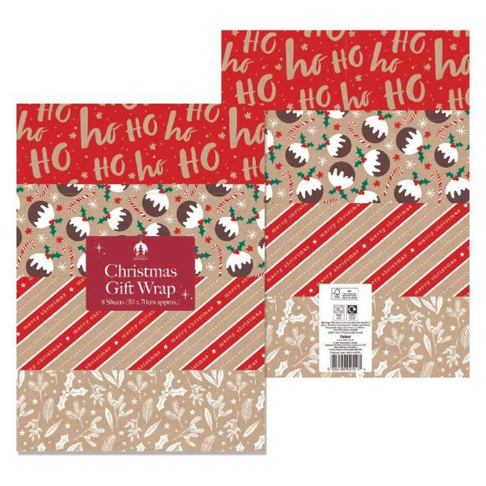 Tallon Christmas Kraft Mix Gift Wrap 8 Sheet Pack