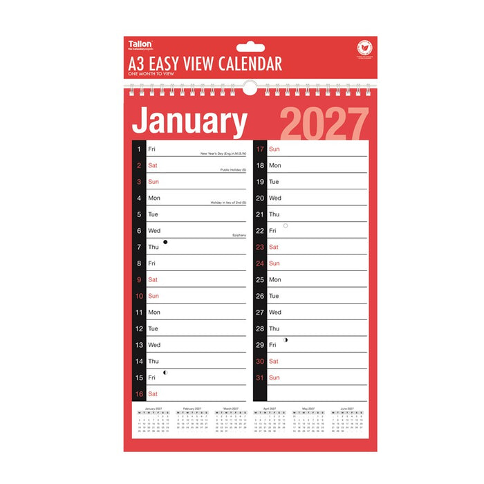 Tallon 2027 Calendar Red & Black A3 2 Column Month To View