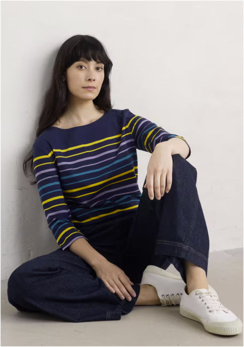 Seasalt Women's Sailor 3/4 Sleeve Top Organic Cotton Jersey In Falmouth Tri Shore Maritime Gorse