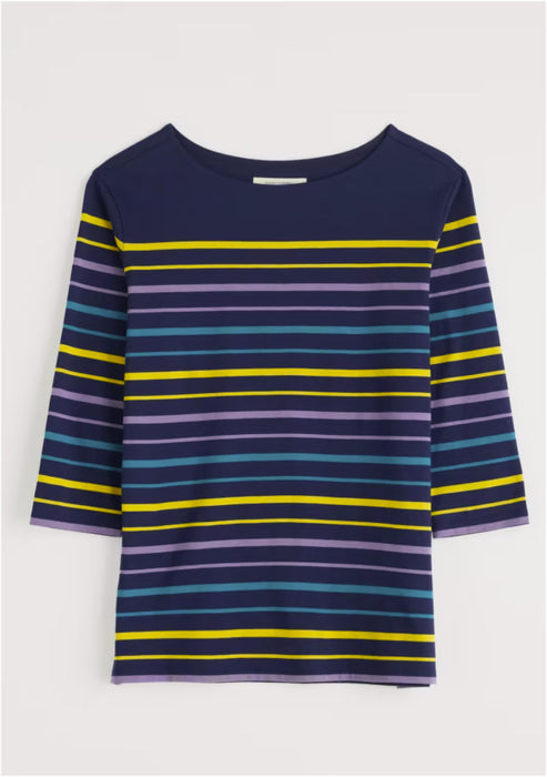 Seasalt Women's Sailor 3/4 Sleeve Top Organic Cotton Jersey In Falmouth Tri Shore Maritime Gorse