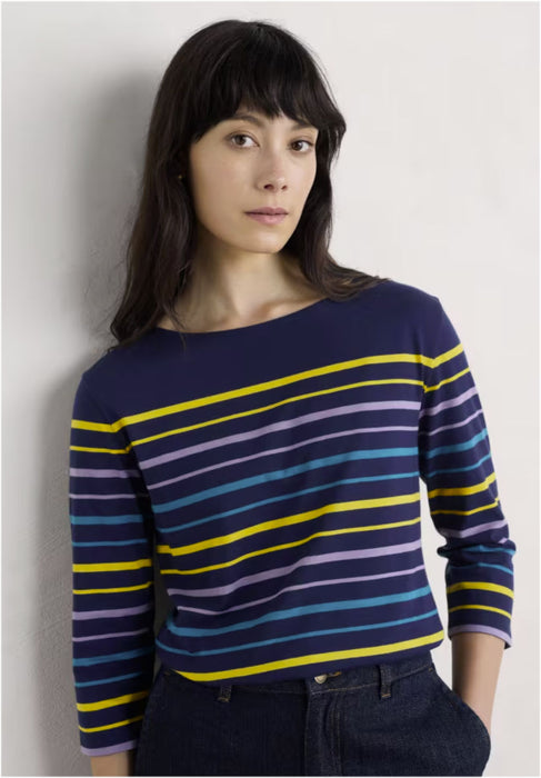 Seasalt Women's Sailor 3/4 Sleeve Top Organic Cotton Jersey In Falmouth Tri Shore Maritime Gorse