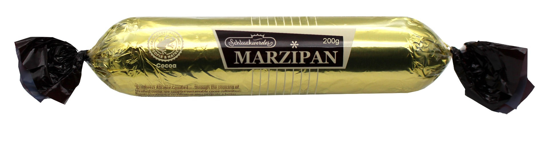 A single wrapped candy bar of Camembert-Marzipan, featuring a shiny gold foil wrapper with a black label and black paper ties on both ends, set against a plain white background.