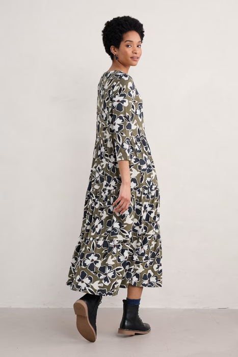 Seasalt Women's Line Strokes Tiered Midi Skirt In Bird Flower Dark Seagrass