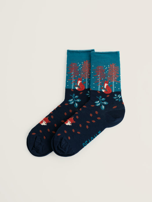 Seasalt Men's Snowy Scenes Socks In Birch Forest Fox Maritime