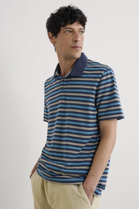 Seasalt Men's Ballan Stripe Jersey Polo In Duet Mini Cornish Squid Ink Azurite