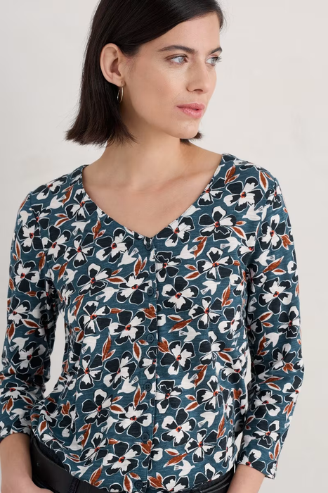 Seasalt Women's Studio Glass 3/4 Sleeve Top In Bird Flower Galley