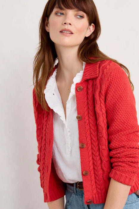 Seasalt Women's Forest Ridge Cable Knit Collared Cardigan - Tomato