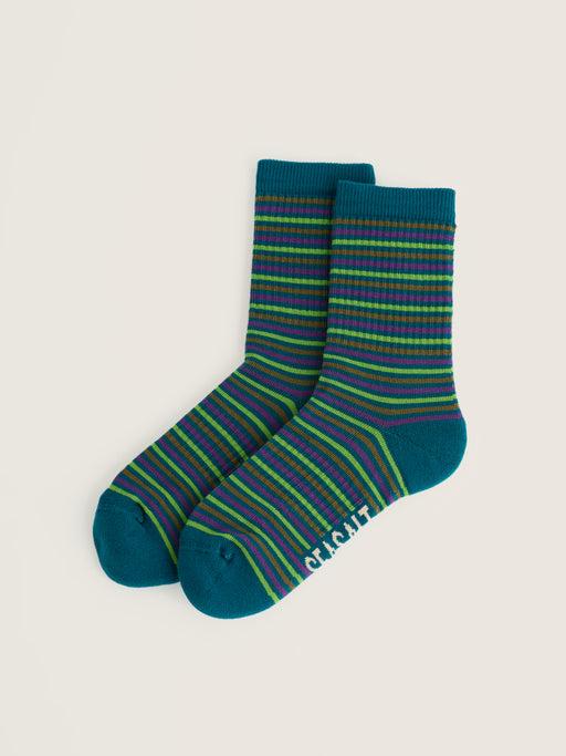 A pair of crew socks with horizontal stripes in teal, green, and purple, featuring the brand name 'CIRCUT' printed in white on the sole, set against a light beige background.