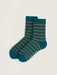 A pair of crew socks with horizontal stripes in teal, green, and purple, featuring the brand name 'CIRCUT' printed in white on the sole, set against a light beige background.