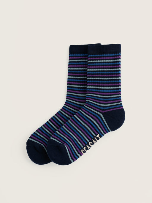 A pair of crew socks with horizontal stripes in navy, purple, blue, and white, featuring the brand name 'O'NEILL' printed in white on the toe.