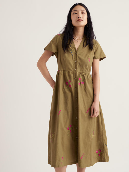 Seasalt Women's Fowen Shirt-Style Dress In Flora Embroidery Fern Moss