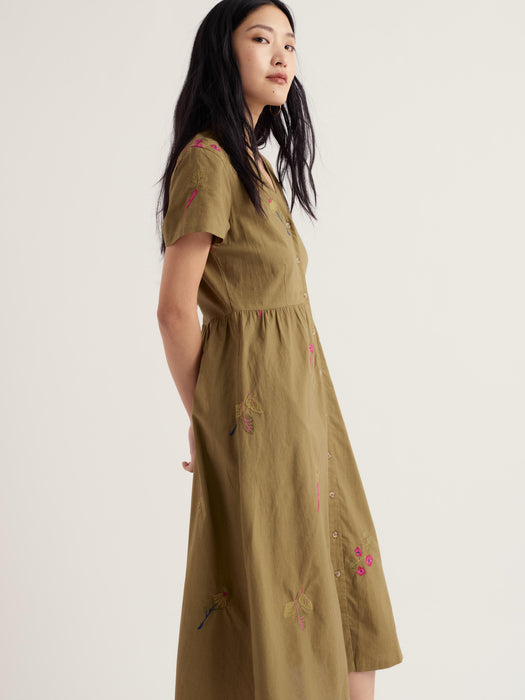 Seasalt Women's Fowen Shirt-Style Dress In Flora Embroidery Fern Moss