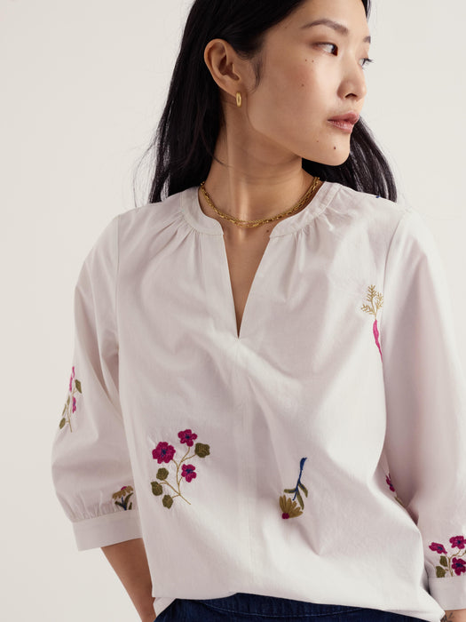Seasalt Women's Grace Embroidered Organic Cotton Top In Flora Embroidery Chalk