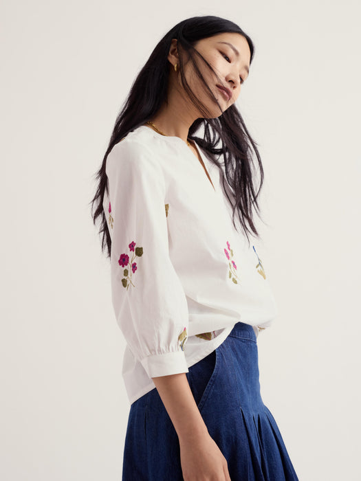 Seasalt Women's Grace Embroidered Organic Cotton Top In Flora Embroidery Chalk
